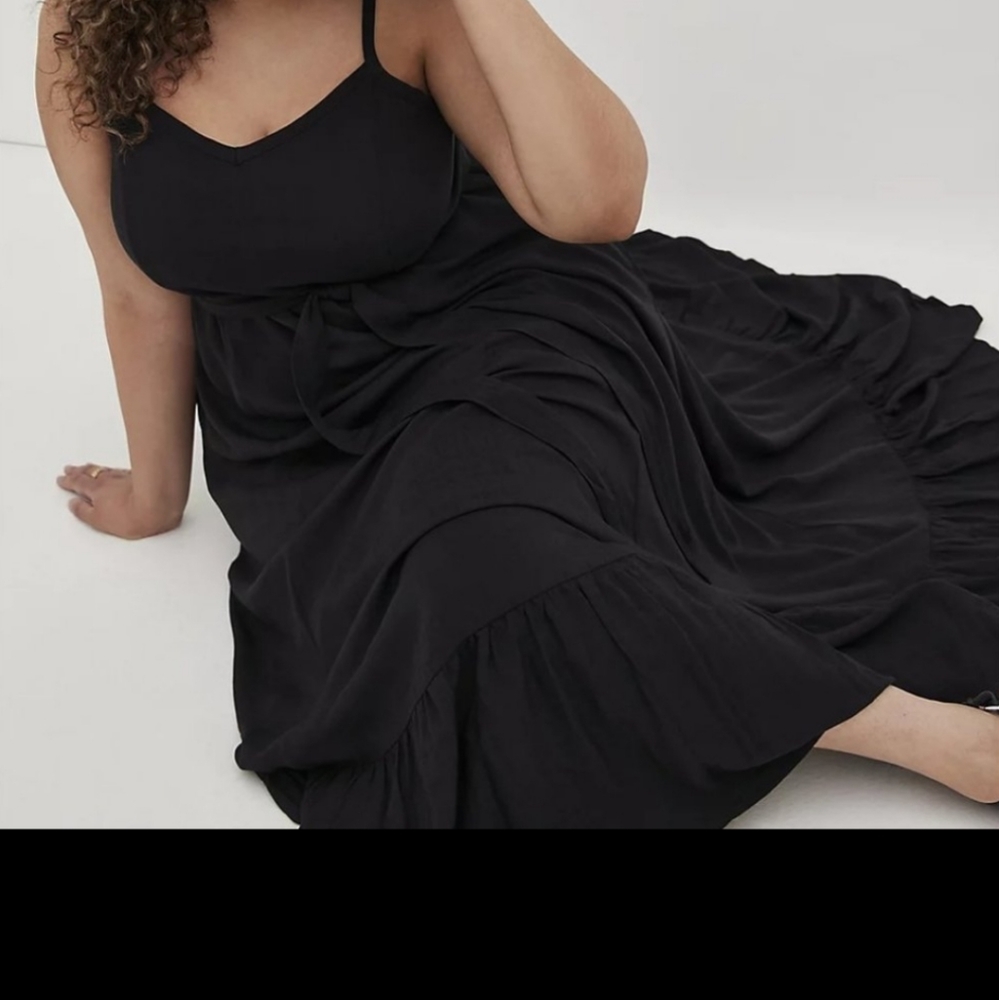Torrid size 3X, Cross Hatch Tie Waist Tiered Maxi Dress. Black. Spaghetti Strap.